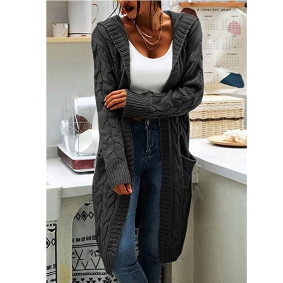 Hooded Open Front Cardigan Cable Knit Sweater Solid Chunky Black - Picture 2 of 5